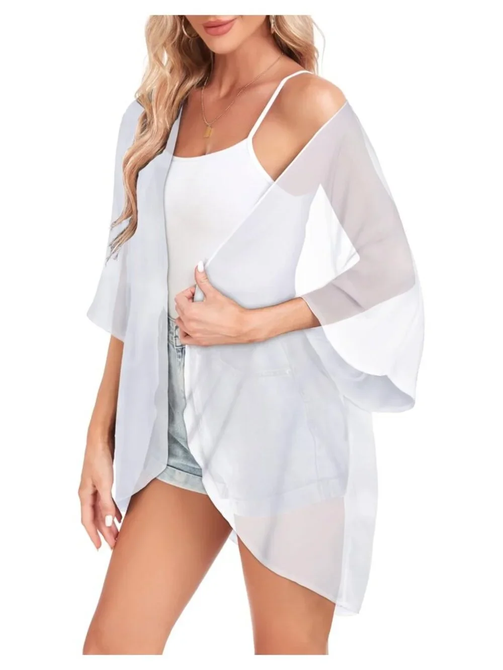 Women Chiffon Kimono Cardigan Open Front 3/4 Sleeve Swim Cover Up